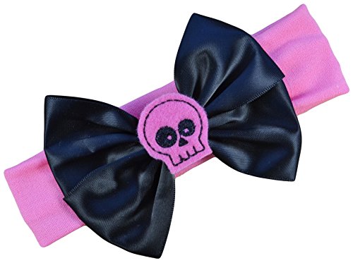 Funny Girl Designs Satin Bow and Felt Skull Baby Headband From Fits Newborn to 12 Months (Black Bow with Hot Pink Skull)
